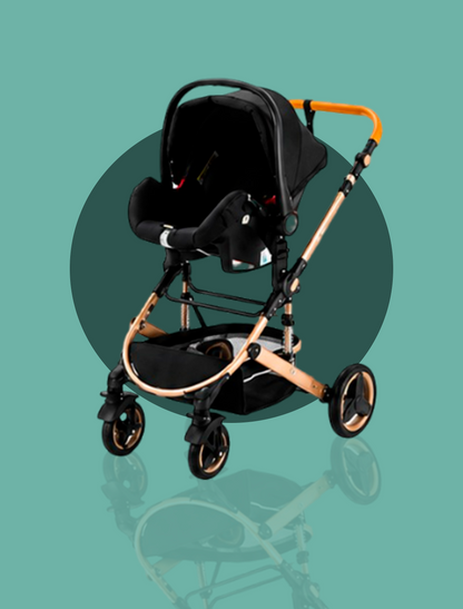 Carrinho de Bebé 3 em 1 Premium — Alcofa, Porta-Bebé e Cadeira de Passeio